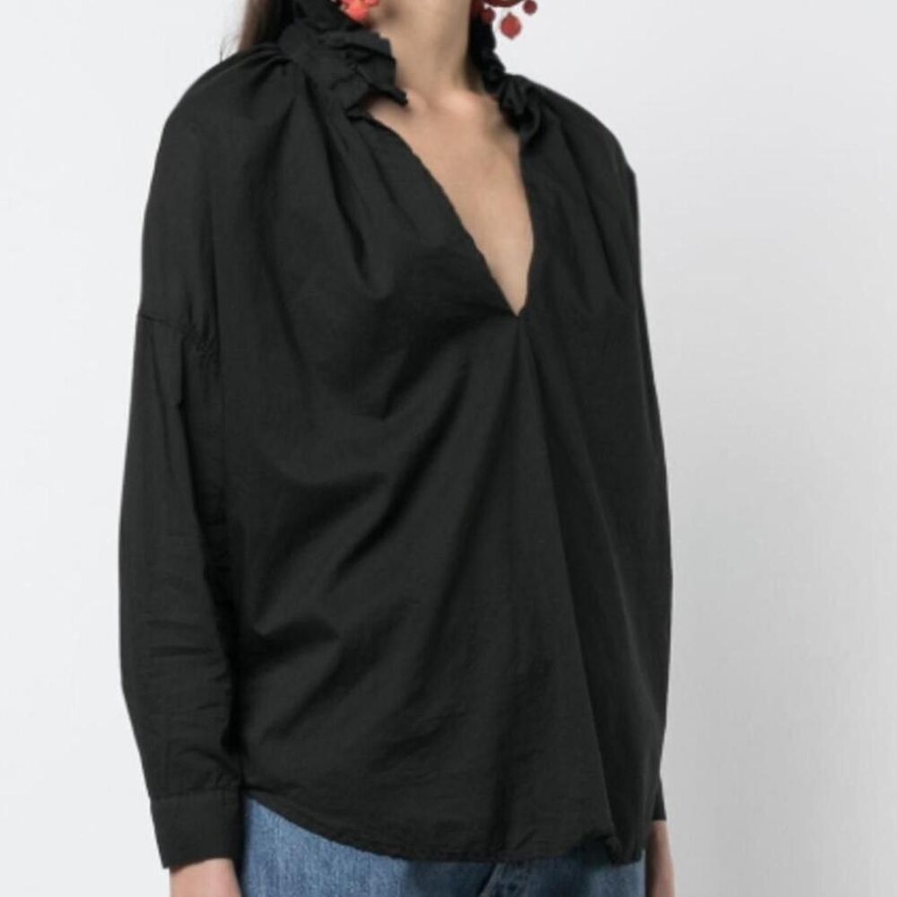 A Shirt Thing Penelope Blouse M Black Ruffle Neck Oversized Cotton USA